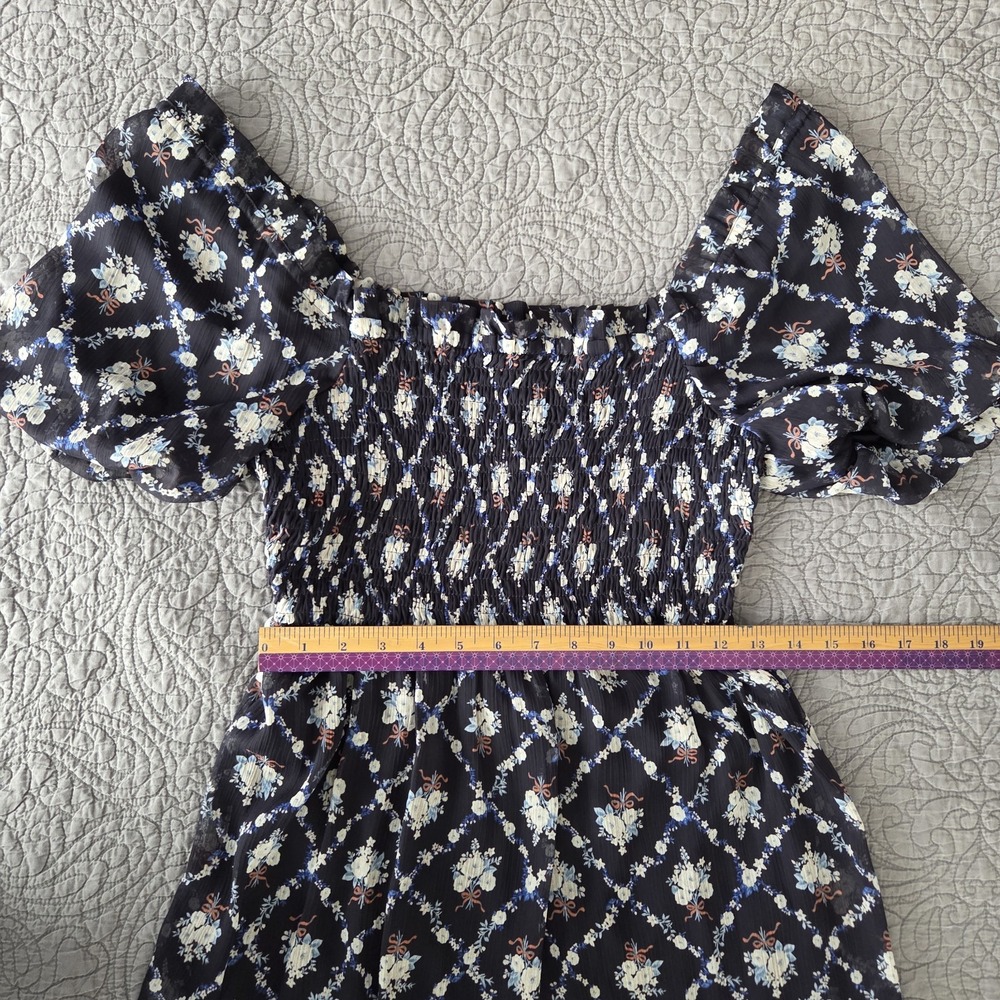 Lauren Conrad Small Midi Dress Smocked Navy Floral Puff Sleeve Cottage Delicate - Picture 9 of 10